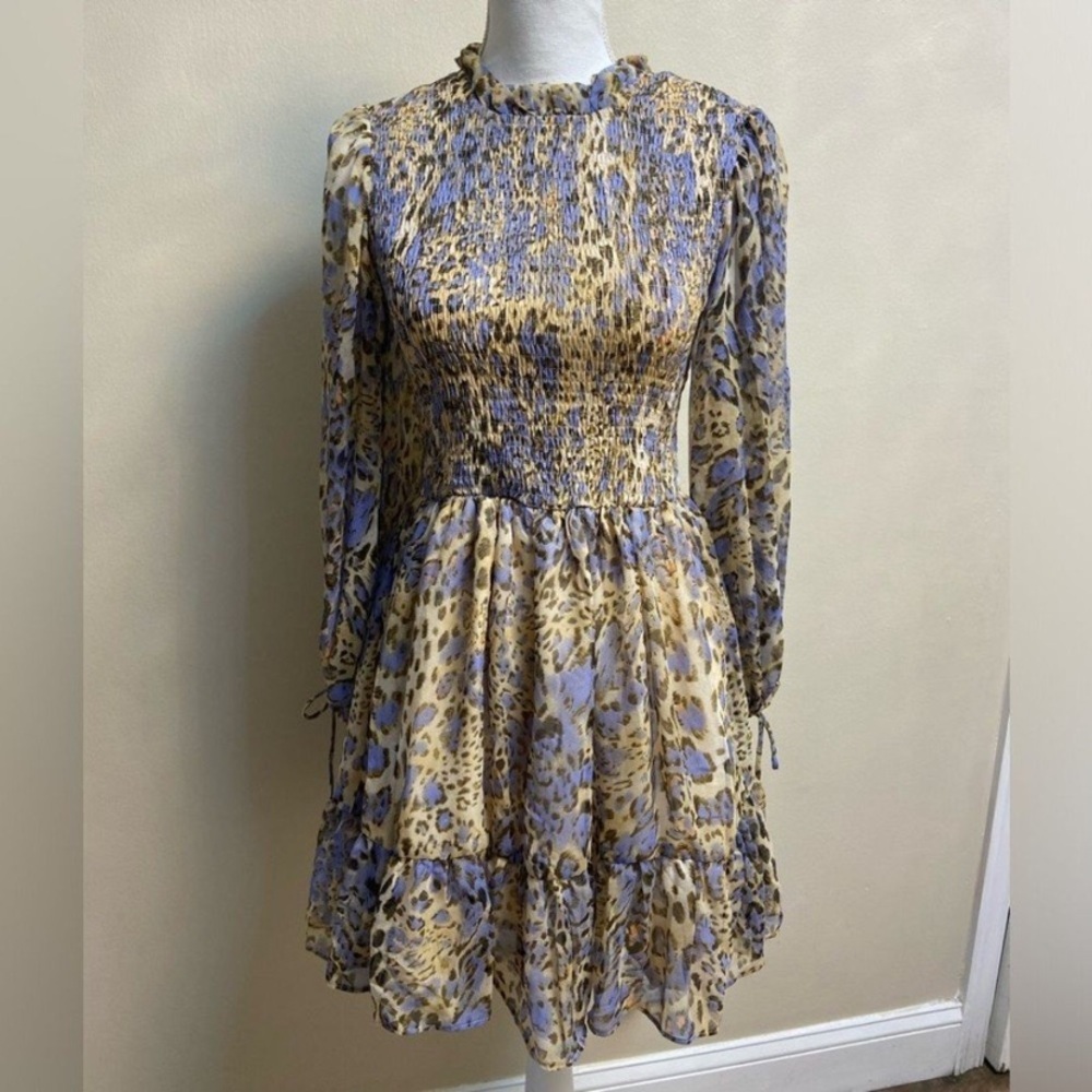 Indikah Animal Print Long Sleeve Dress mini flare smocked Sz 8 NWT